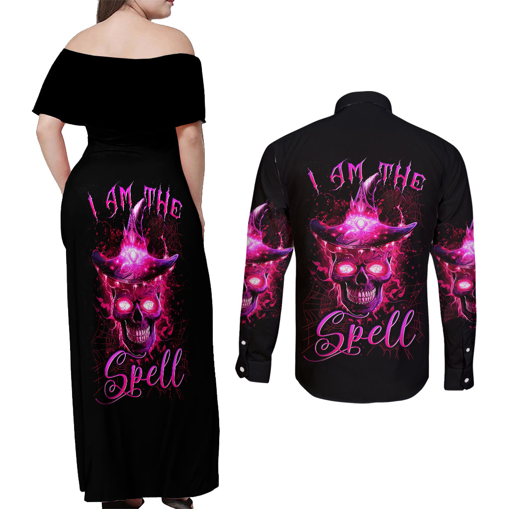 Witch Skull Couples Matching Off Shoulder Maxi Dress and Long Sleeve Button Shirts Iam The Spell - Wonder Print Shop
