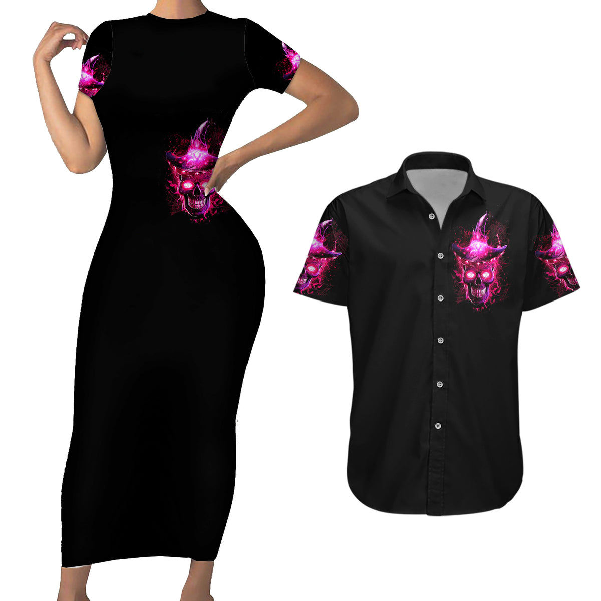 Witch Skull Couples Matching Short Sleeve Bodycon Dress and Hawaiian Shirt Iam The Spell - Wonder Print Shop