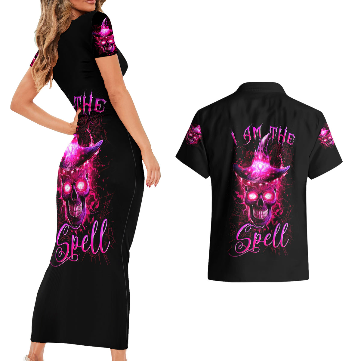 Witch Skull Couples Matching Short Sleeve Bodycon Dress and Hawaiian Shirt Iam The Spell - Wonder Print Shop