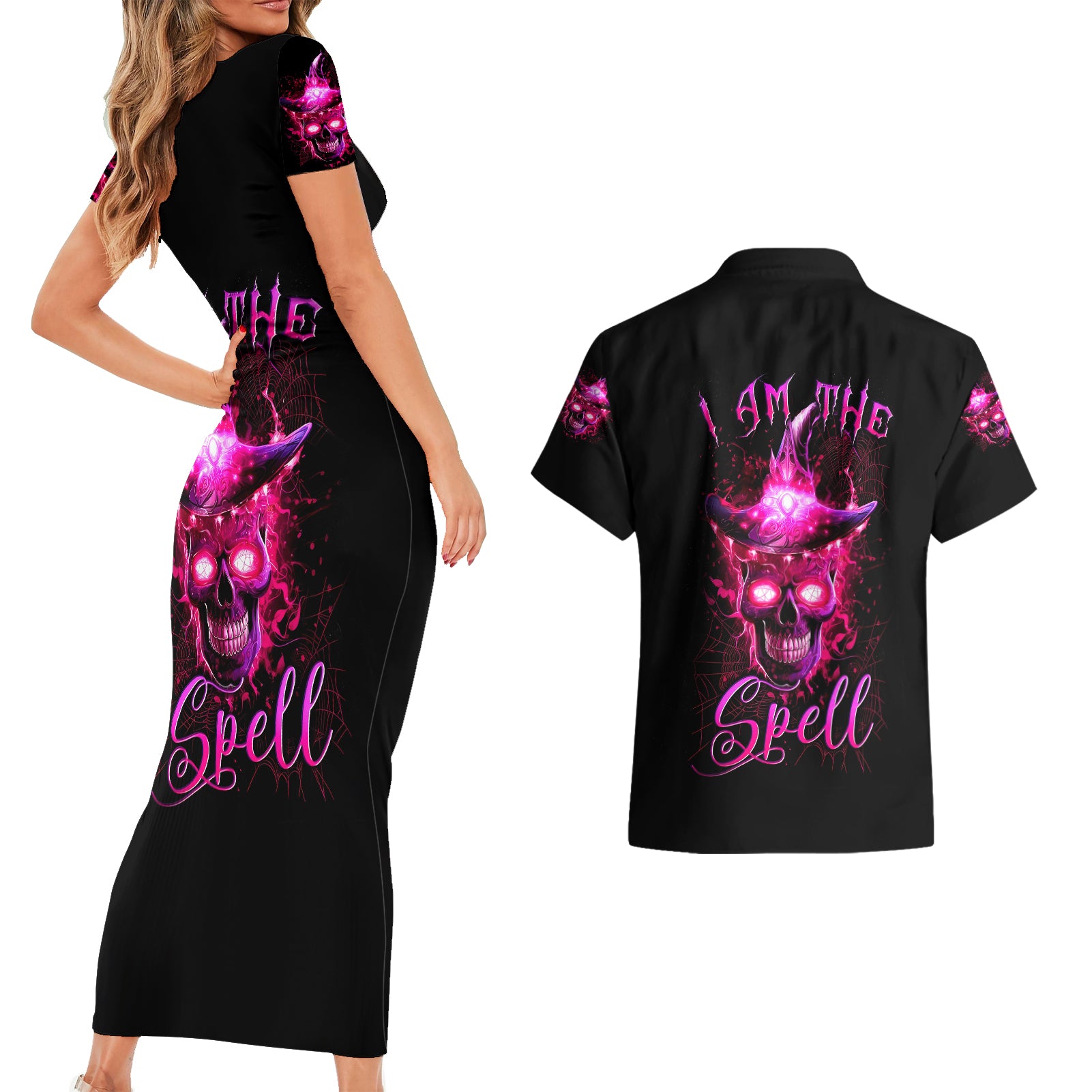 Witch Skull Couples Matching Short Sleeve Bodycon Dress and Hawaiian Shirt Iam The Spell - Wonder Print Shop