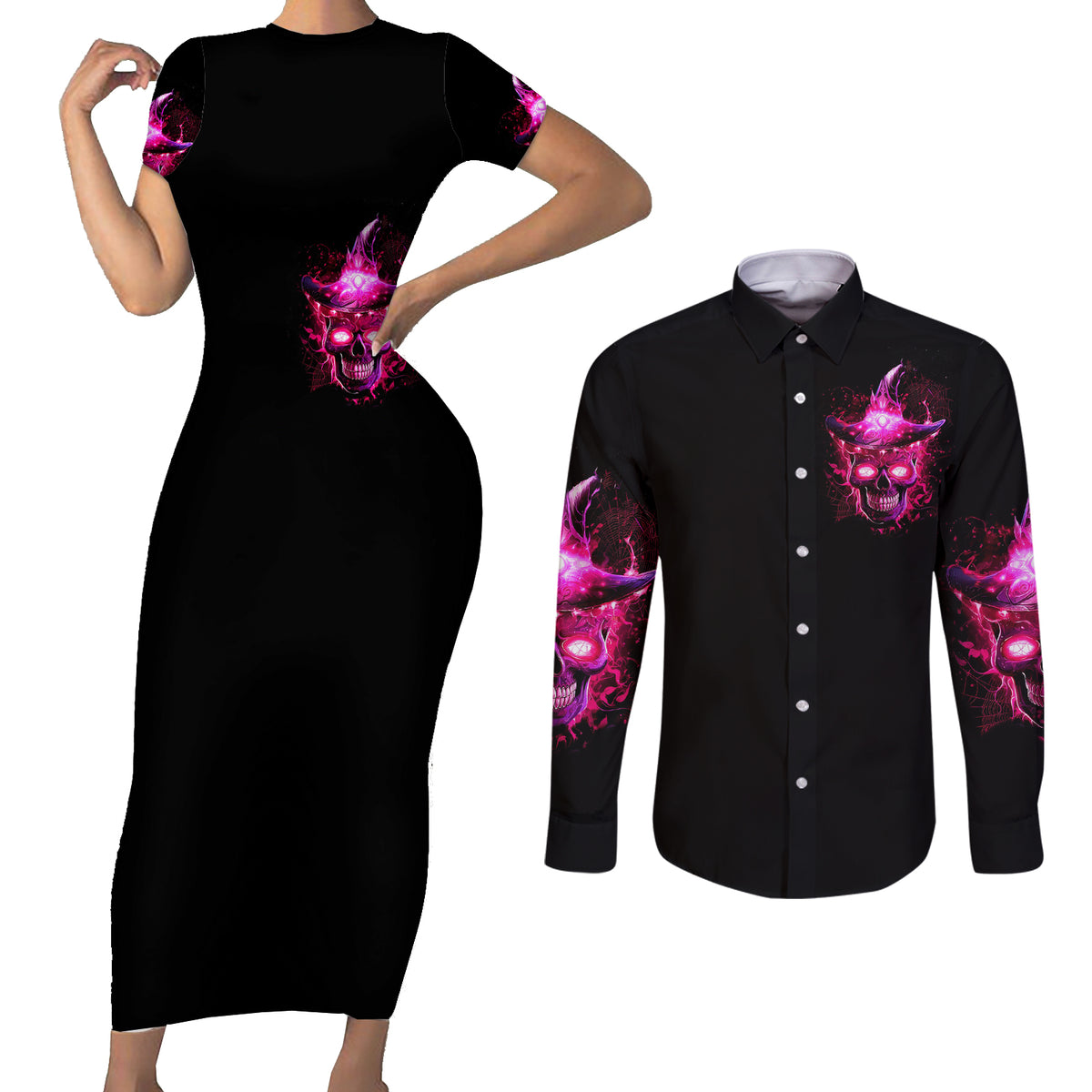 Witch Skull Couples Matching Short Sleeve Bodycon Dress and Long Sleeve Button Shirts Iam The Spell - Wonder Print Shop