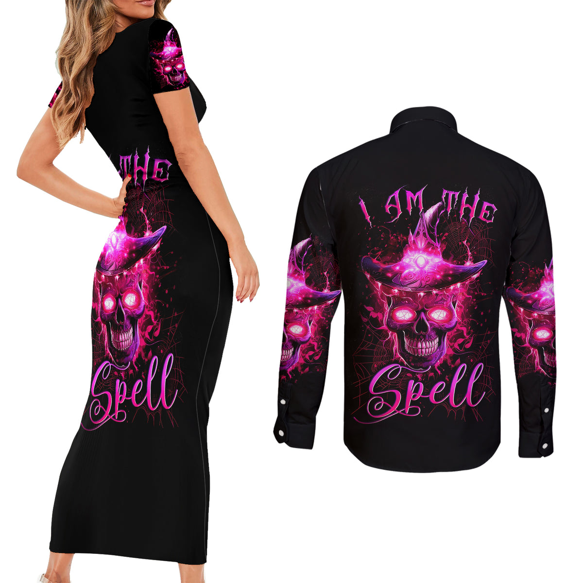 Witch Skull Couples Matching Short Sleeve Bodycon Dress and Long Sleeve Button Shirts Iam The Spell - Wonder Print Shop