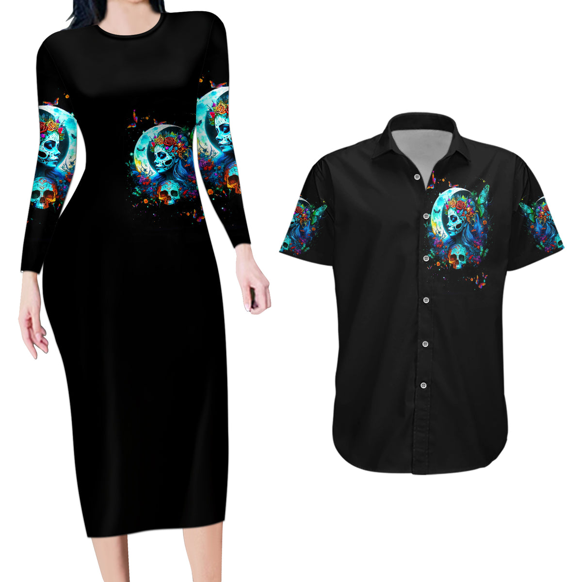 Fairy Skull Couples Matching Long Sleeve Bodycon Dress and Hawaiian Shirt Just The Woman Who Loves Skull And Tattoo - Wonder Print Shop