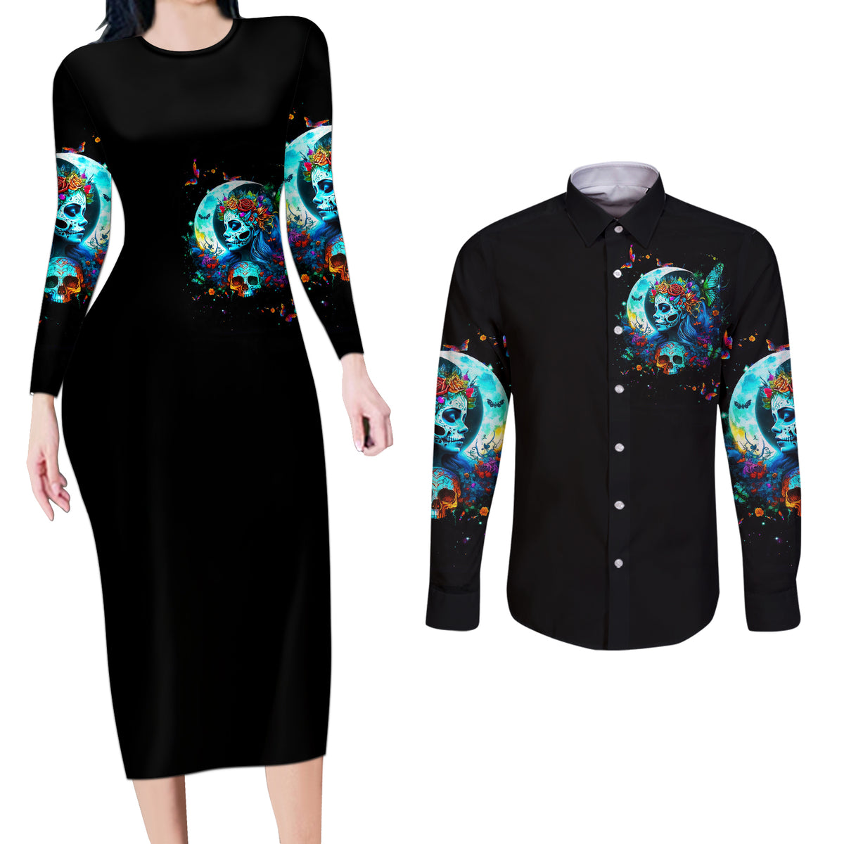 Fairy Skull Couples Matching Long Sleeve Bodycon Dress and Long Sleeve Button Shirts Just The Woman Who Loves Skull And Tattoo - Wonder Print Shop