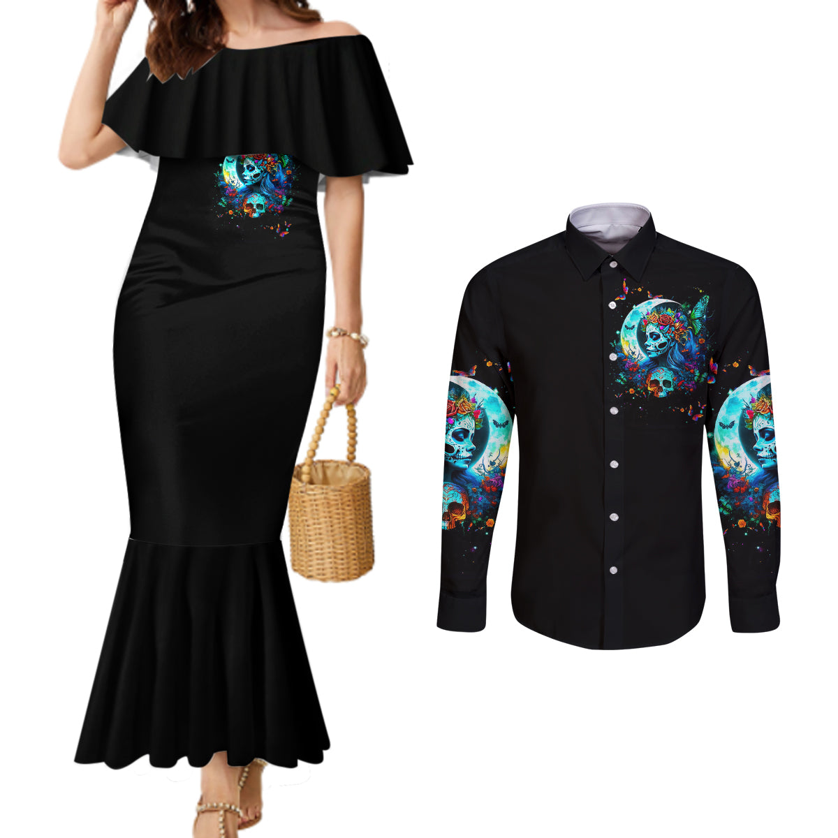 fairy-skull-couples-matching-mermaid-dress-and-long-sleeve-button-shirts-just-the-woman-who-loves-skull-and-tattoo