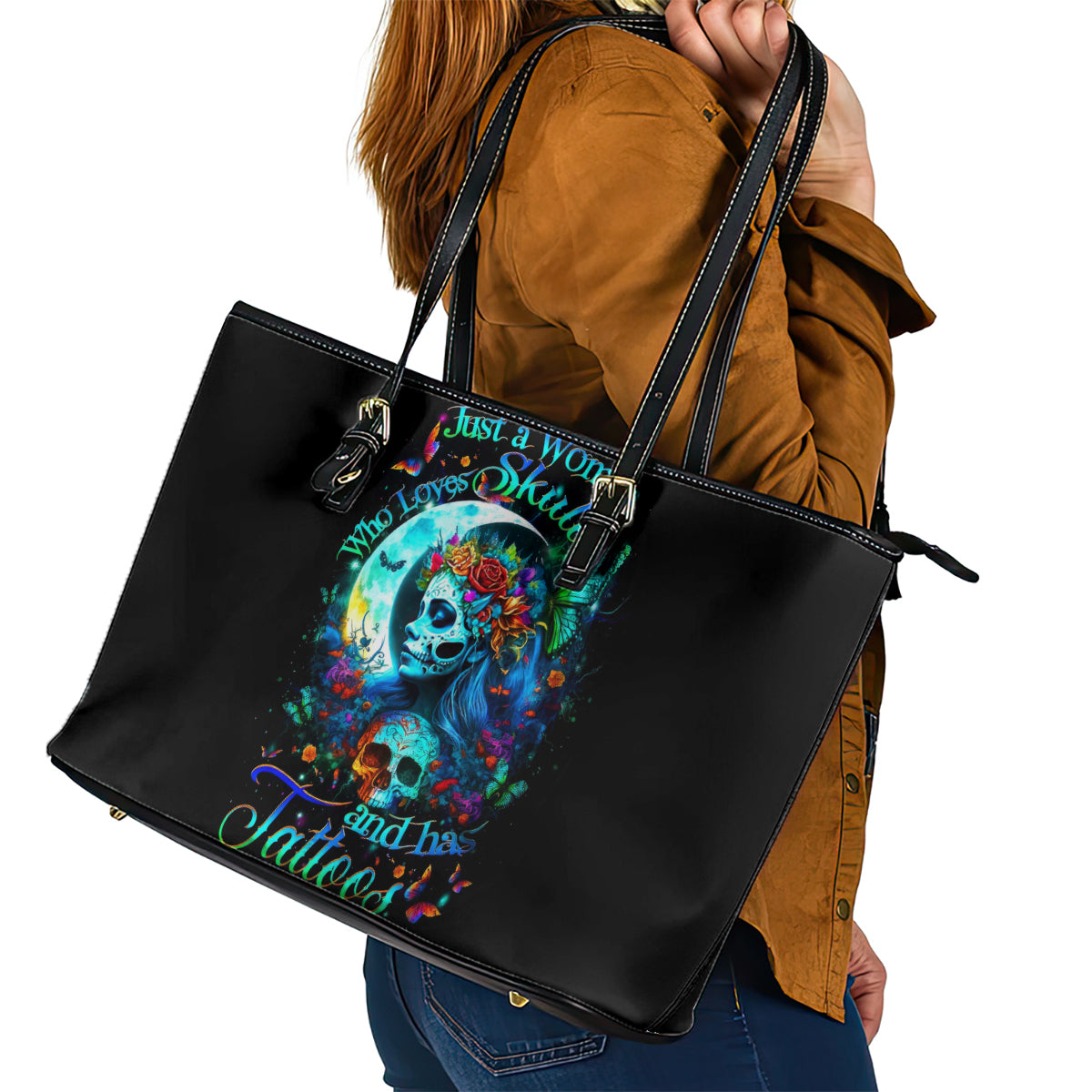 Fairy Skull Leather Tote Bag Just The Woman Who Loves Skull And Tattoo - Wonder Print Shop
