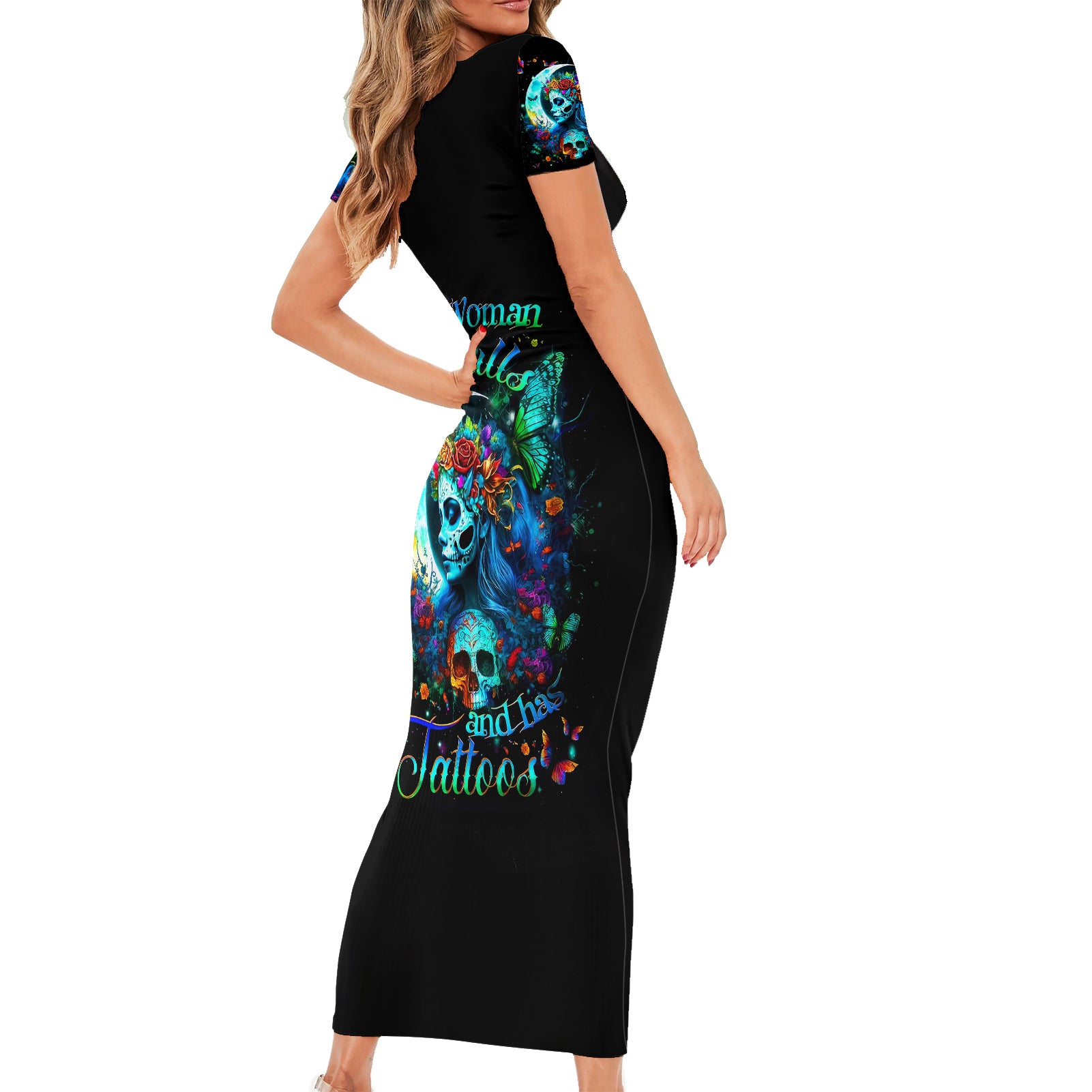 Fairy Skull Short Sleeve Bodycon Dress Just The Woman Who Loves Skull And Tattoo - Wonder Print Shop