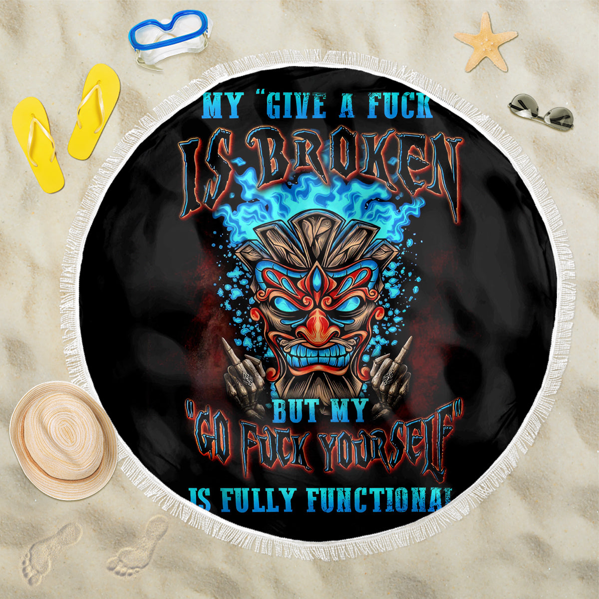 Tiki Skull Beach Blanket I Give A Fuck Is Broken But My Go Fuck Yourself - Wonder Print Shop