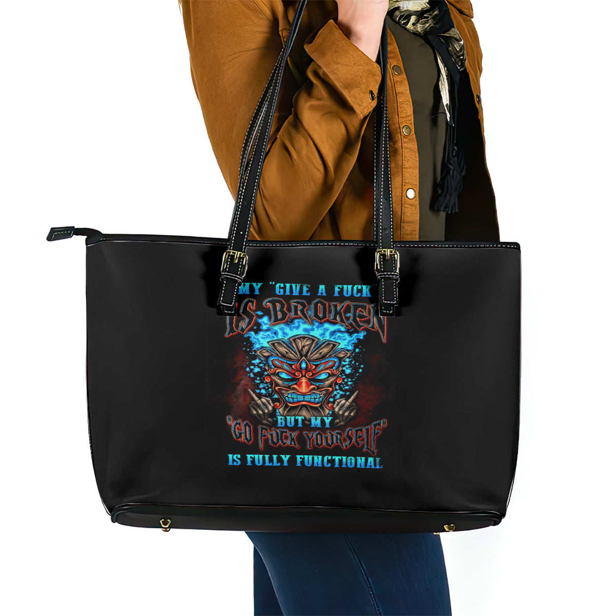 Tiki Skull Leather Tote Bag I Give A Fuck Is Broken But My Go Fuck Yourself - Wonder Print Shop