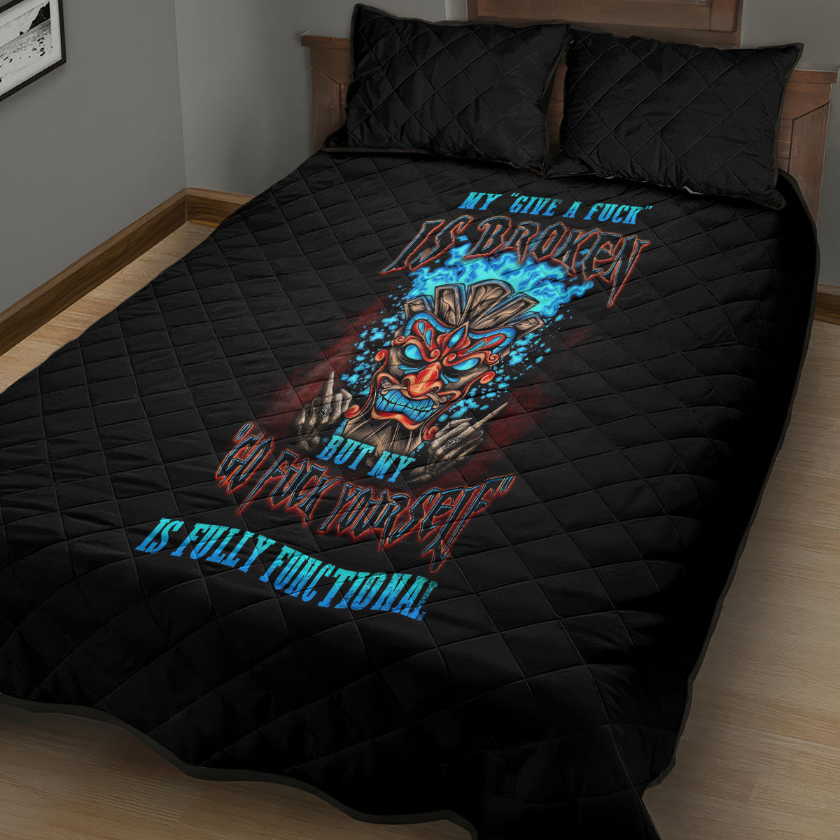 Tiki Skull Quilt Bed Set I Give A Fuck Is Broken But My Go Fuck Yourself - Wonder Print Shop