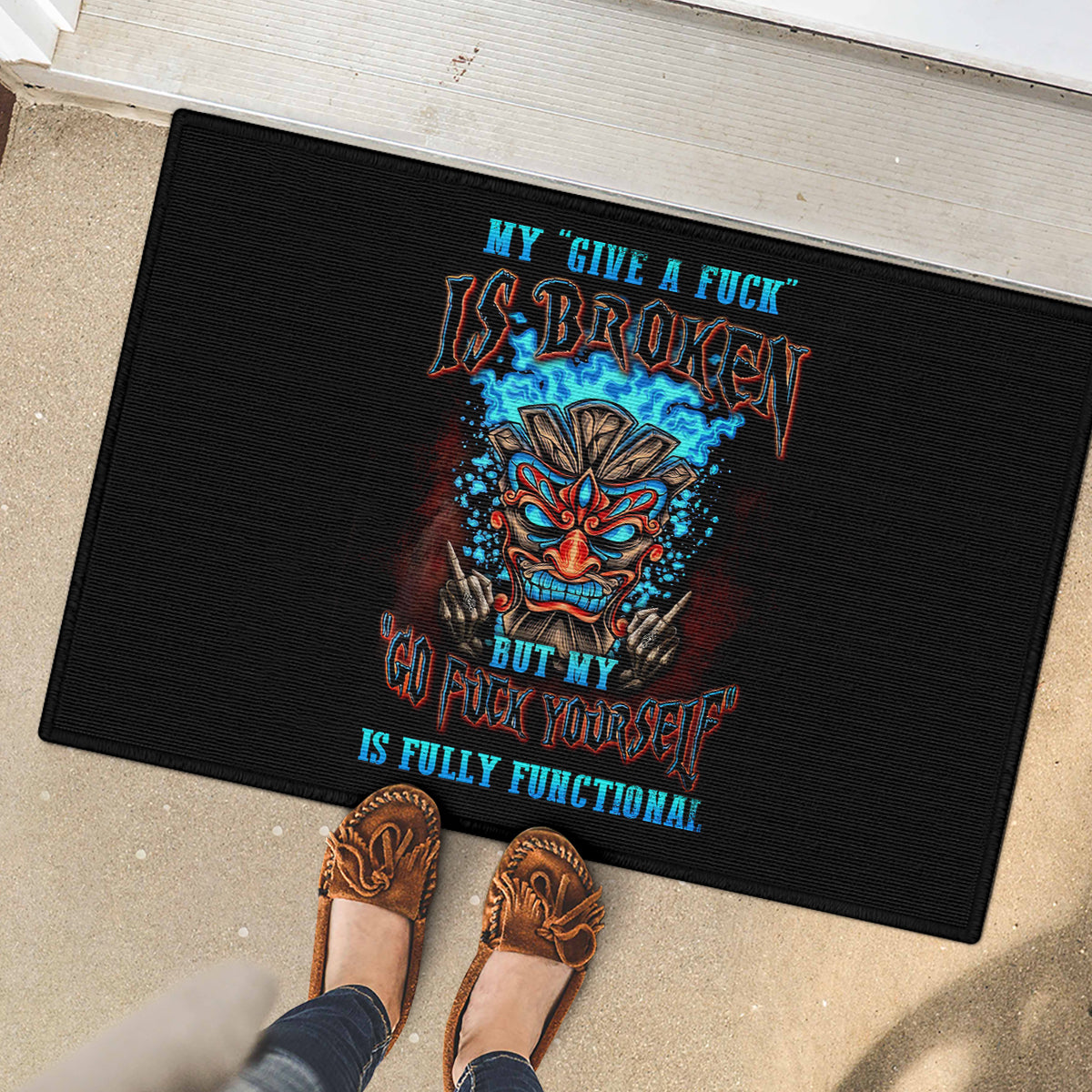 Tiki Skull Rubber Doormat I Give A Fuck Is Broken But My Go Fuck Yourself - Wonder Print Shop