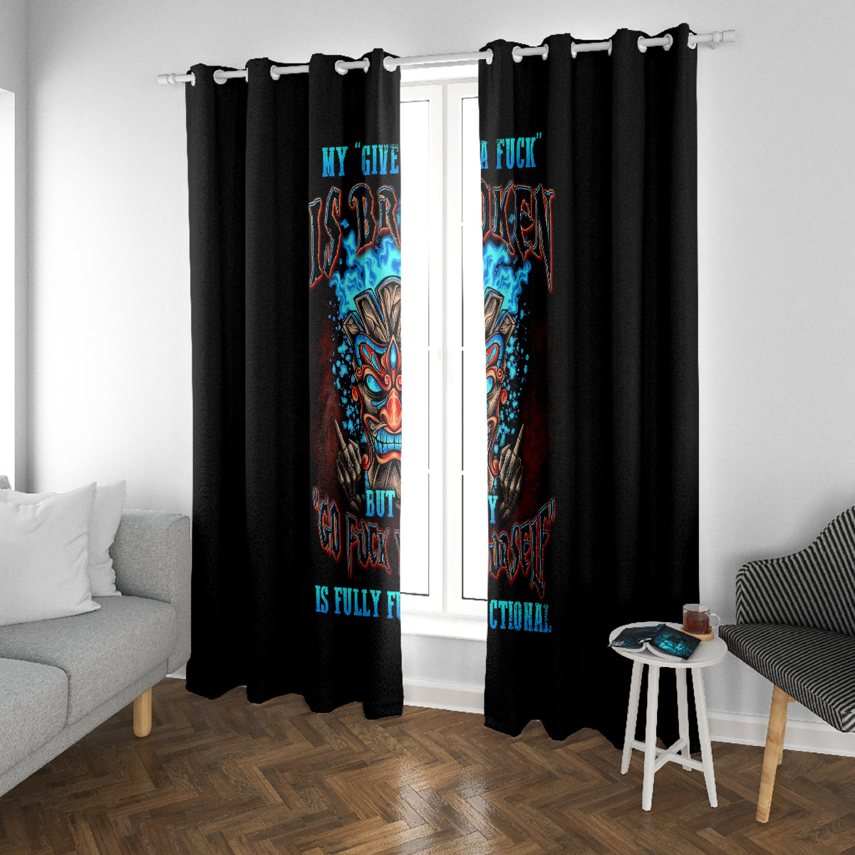 Tiki Skull Window Curtain I Give A Fuck Is Broken But My Go Fuck Yourself - Wonder Print Shop