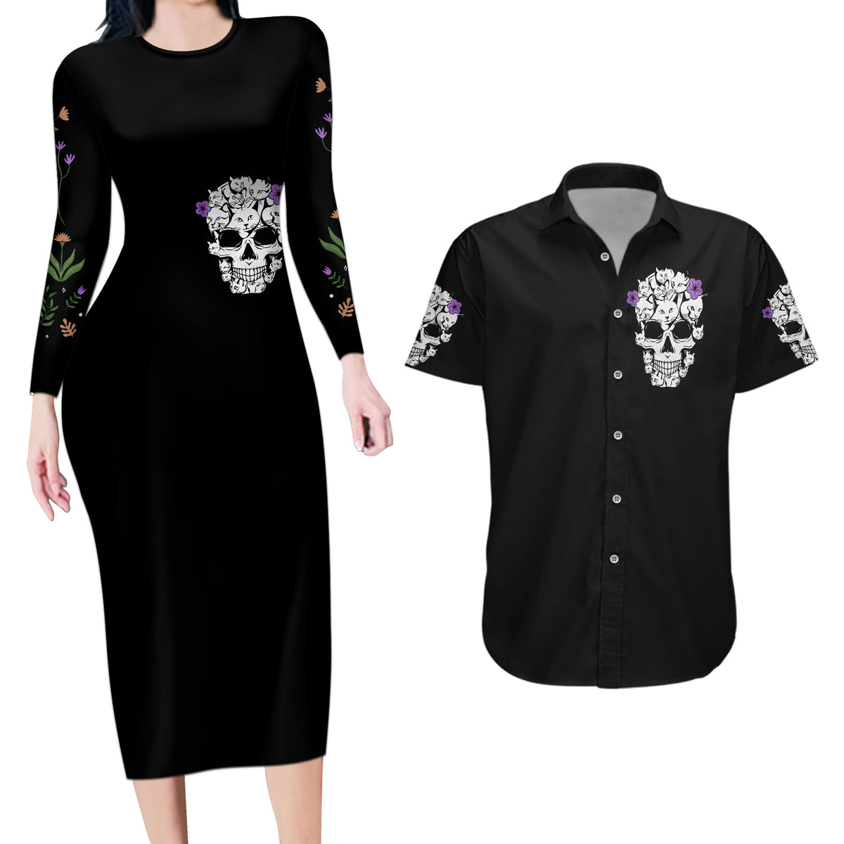 Cat Skull Couples Matching Long Sleeve Bodycon Dress and Hawaiian Shirt Purr Evill - Wonder Print Shop