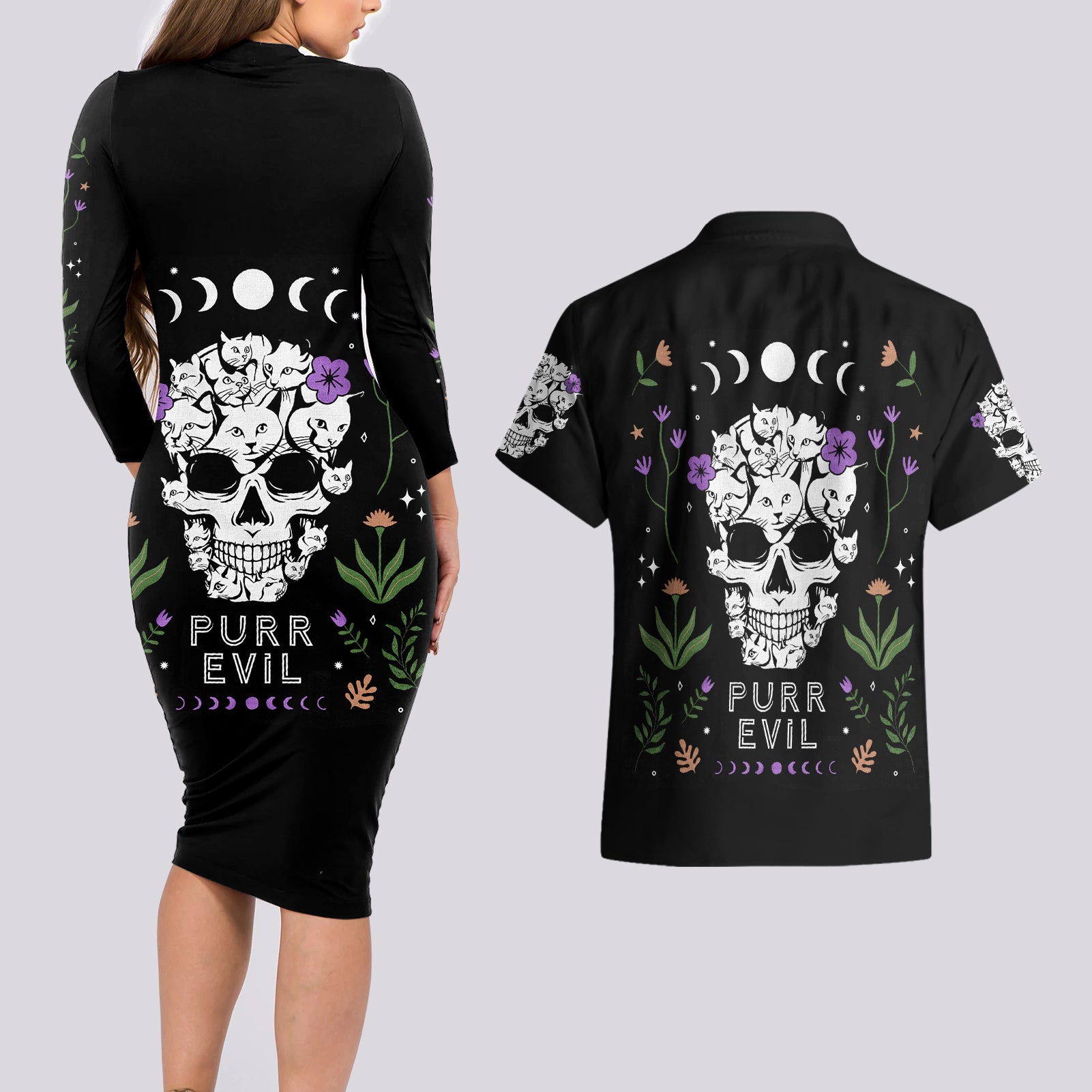 Cat Skull Couples Matching Long Sleeve Bodycon Dress and Hawaiian Shirt Purr Evill - Wonder Print Shop