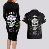Cat Skull Couples Matching Long Sleeve Bodycon Dress and Hawaiian Shirt Purr Evill - Wonder Print Shop