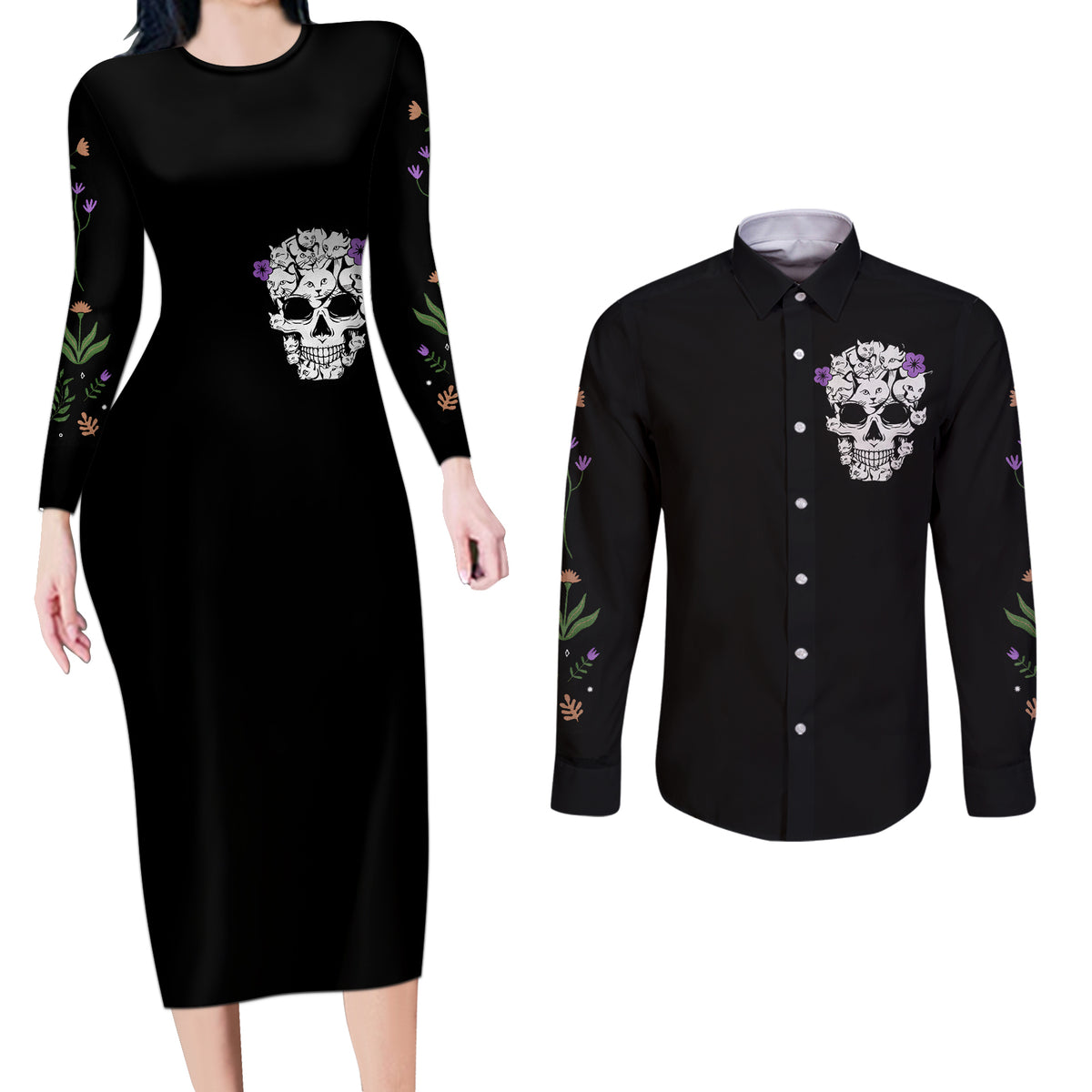 Cat Skull Couples Matching Long Sleeve Bodycon Dress and Long Sleeve Button Shirts Purr Evill - Wonder Print Shop