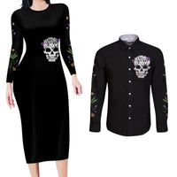 Cat Skull Couples Matching Long Sleeve Bodycon Dress and Long Sleeve Button Shirts Purr Evill - Wonder Print Shop