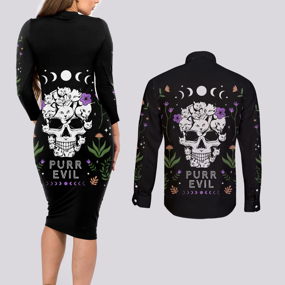 Cat Skull Couples Matching Long Sleeve Bodycon Dress and Long Sleeve Button Shirts Purr Evill - Wonder Print Shop
