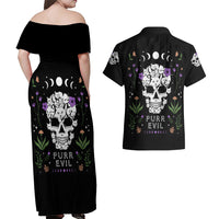 Cat Skull Couples Matching Off Shoulder Maxi Dress and Hawaiian Shirt Purr Evill - Wonder Print Shop