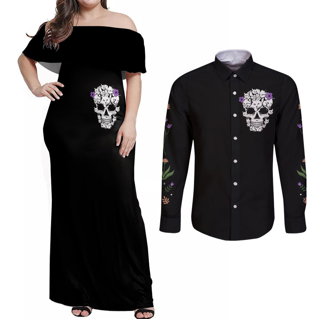 Cat Skull Couples Matching Off Shoulder Maxi Dress and Long Sleeve Button Shirts Purr Evill - Wonder Print Shop