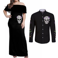 Cat Skull Couples Matching Off Shoulder Maxi Dress and Long Sleeve Button Shirts Purr Evill - Wonder Print Shop