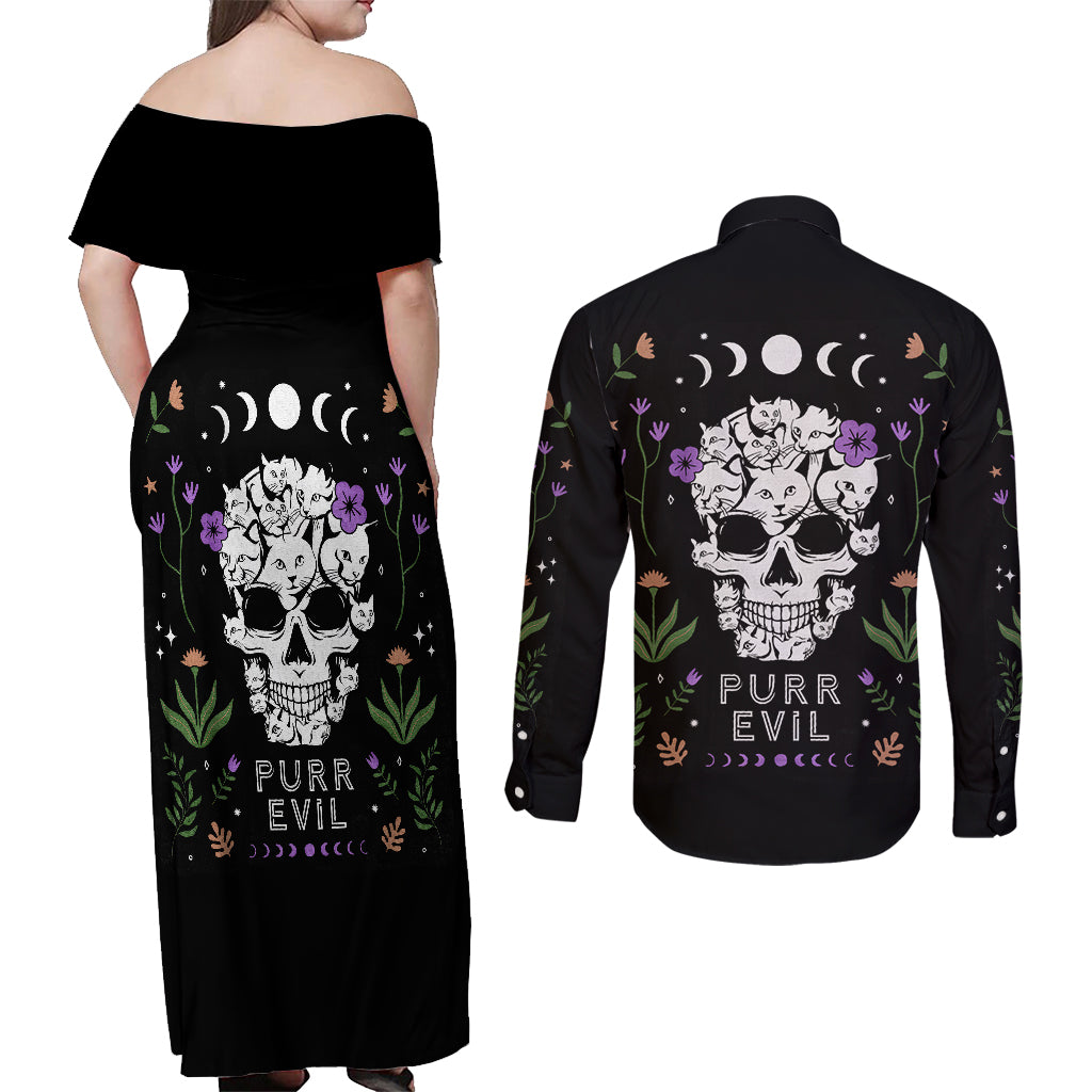 Cat Skull Couples Matching Off Shoulder Maxi Dress and Long Sleeve Button Shirts Purr Evill - Wonder Print Shop