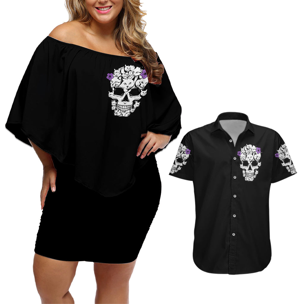 Cat Skull Couples Matching Off Shoulder Short Dress and Hawaiian Shirt Purr Evill - Wonder Print Shop