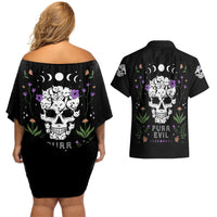 Cat Skull Couples Matching Off Shoulder Short Dress and Hawaiian Shirt Purr Evill - Wonder Print Shop