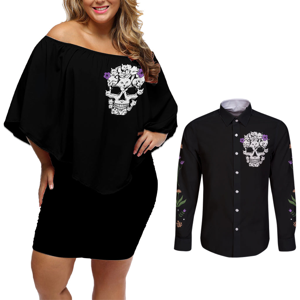 Cat Skull Couples Matching Off Shoulder Short Dress and Long Sleeve Button Shirts Purr Evill - Wonder Print Shop
