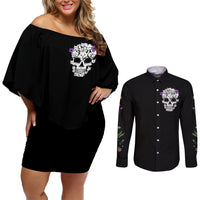 Cat Skull Couples Matching Off Shoulder Short Dress and Long Sleeve Button Shirts Purr Evill - Wonder Print Shop