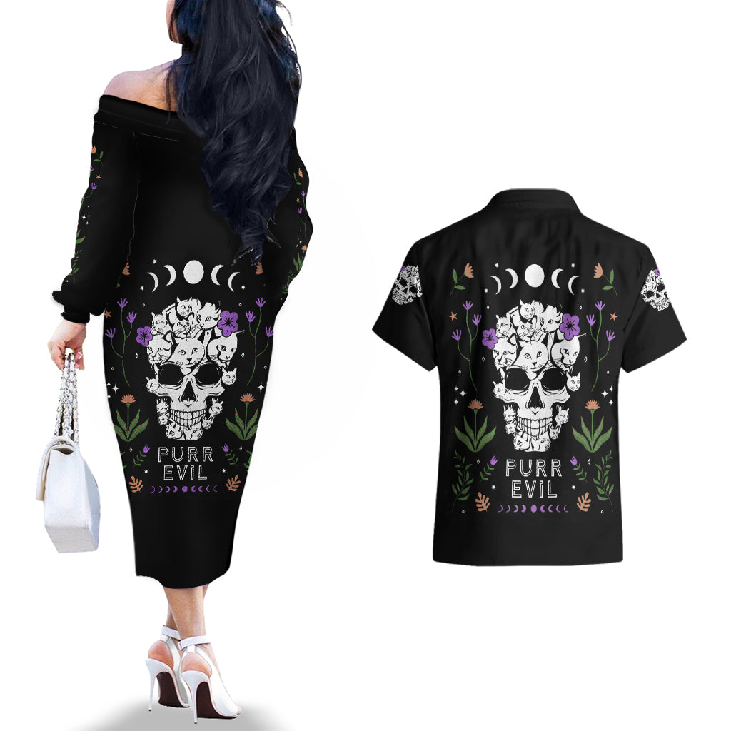 Cat Skull Couples Matching Off The Shoulder Long Sleeve Dress and Hawaiian Shirt Purr Evill - Wonder Print Shop