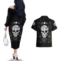 Cat Skull Couples Matching Off The Shoulder Long Sleeve Dress and Hawaiian Shirt Purr Evill - Wonder Print Shop