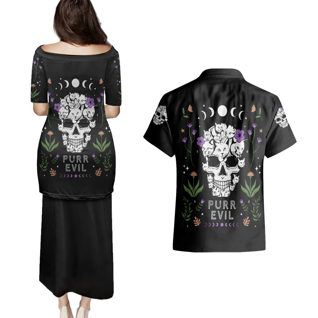 Cat Skull Couples Matching Puletasi Dress and Hawaiian Shirt Purr Evill - Wonder Print Shop