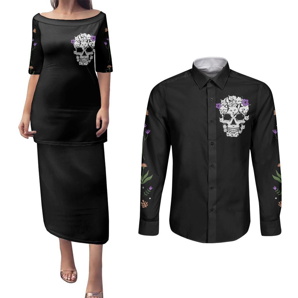 Cat Skull Couples Matching Puletasi Dress and Long Sleeve Button Shirts Purr Evill - Wonder Print Shop