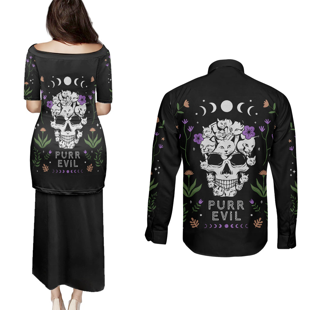 Cat Skull Couples Matching Puletasi Dress and Long Sleeve Button Shirts Purr Evill - Wonder Print Shop