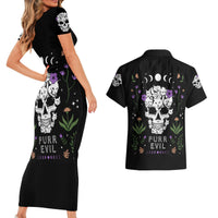 Cat Skull Couples Matching Short Sleeve Bodycon Dress and Hawaiian Shirt Purr Evill - Wonder Print Shop