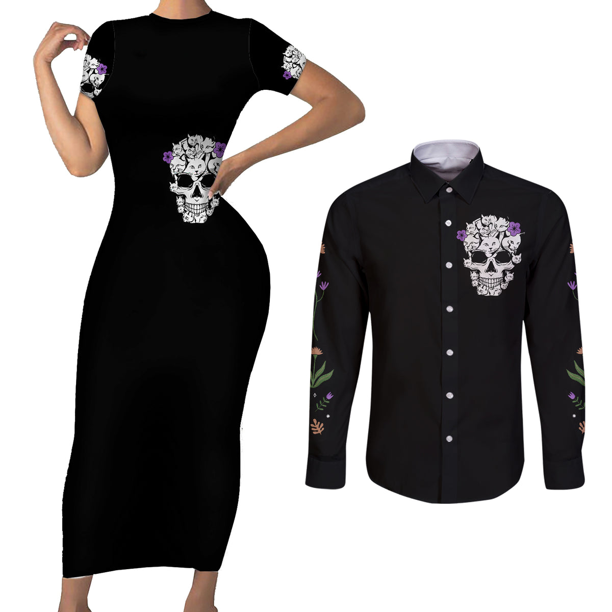 Cat Skull Couples Matching Short Sleeve Bodycon Dress and Long Sleeve Button Shirts Purr Evill - Wonder Print Shop