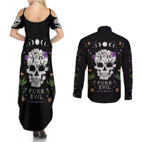 Cat Skull Couples Matching Summer Maxi Dress and Long Sleeve Button Shirts Purr Evill - Wonder Print Shop