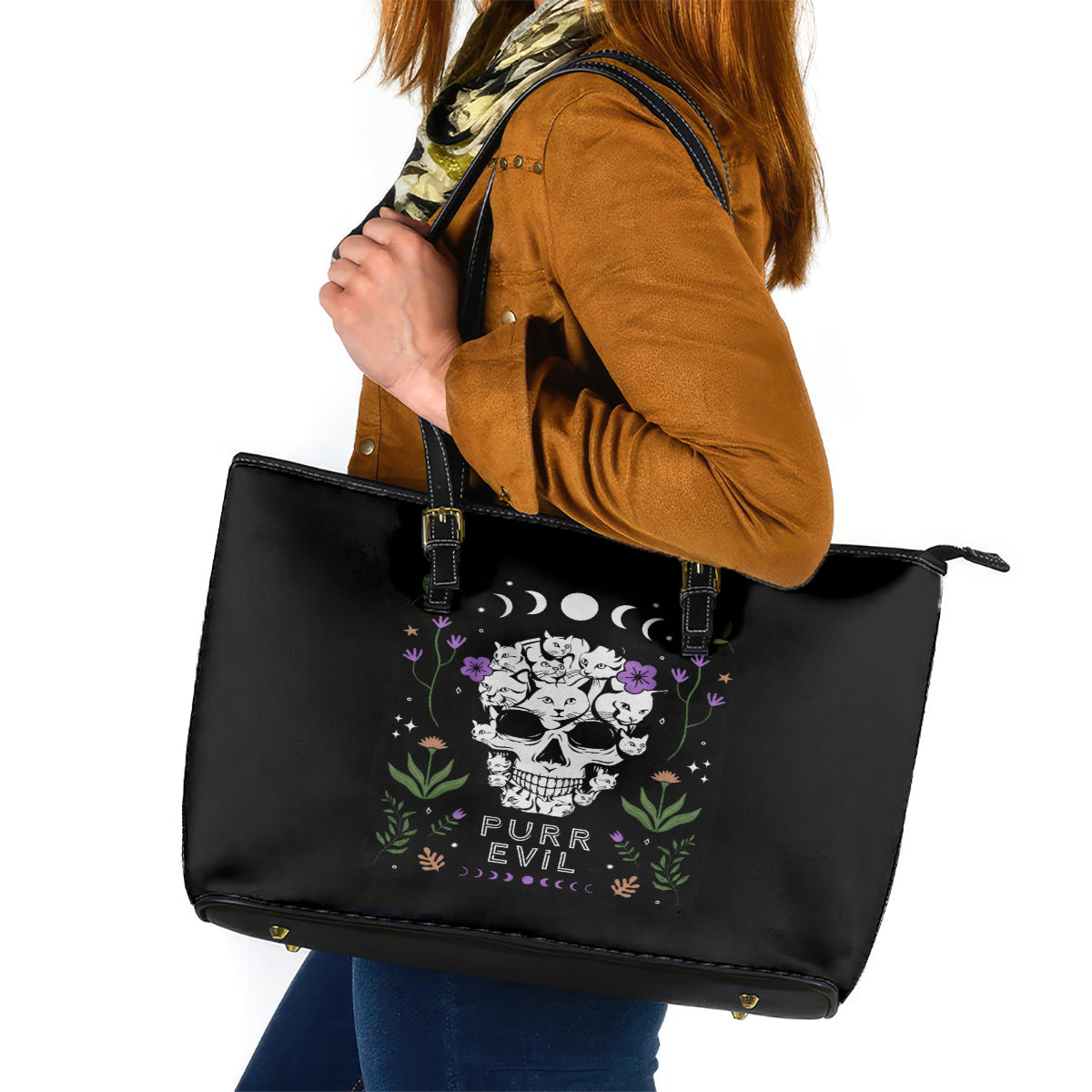 Cat Skull Leather Tote Bag Purr Evill - Wonder Print Shop