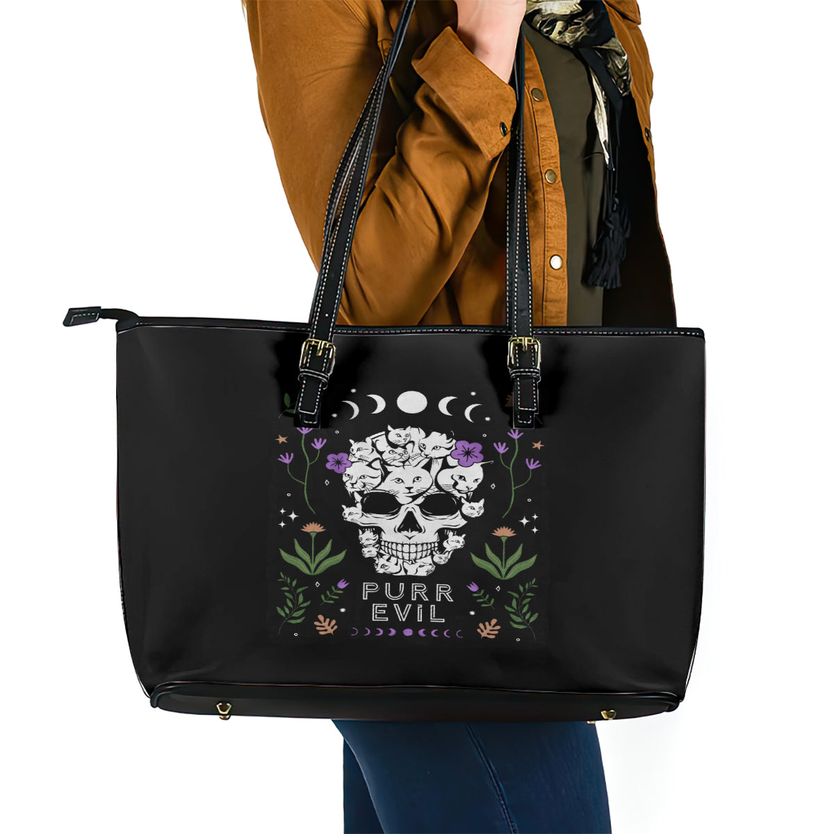 Cat Skull Leather Tote Bag Purr Evill - Wonder Print Shop