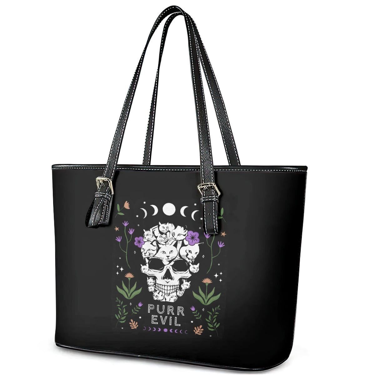 Cat Skull Leather Tote Bag Purr Evill - Wonder Print Shop