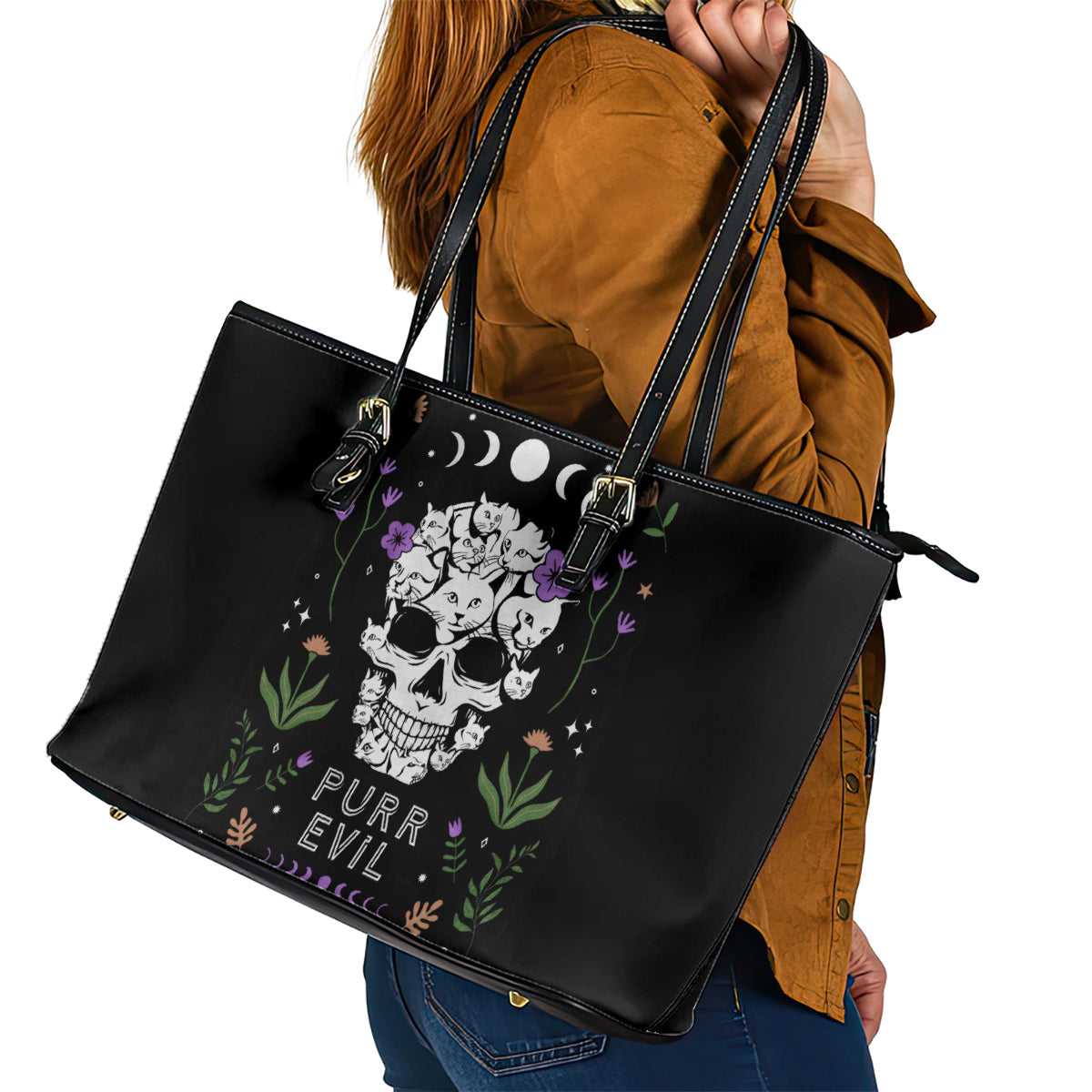 Cat Skull Leather Tote Bag Purr Evill - Wonder Print Shop