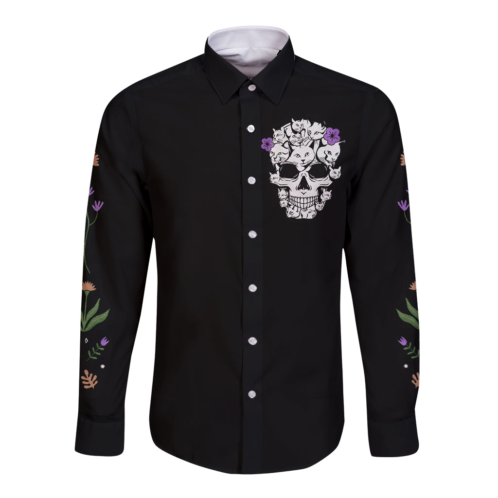 Cat Skull Long Sleeve Button Shirt Purr Evill - Wonder Print Shop