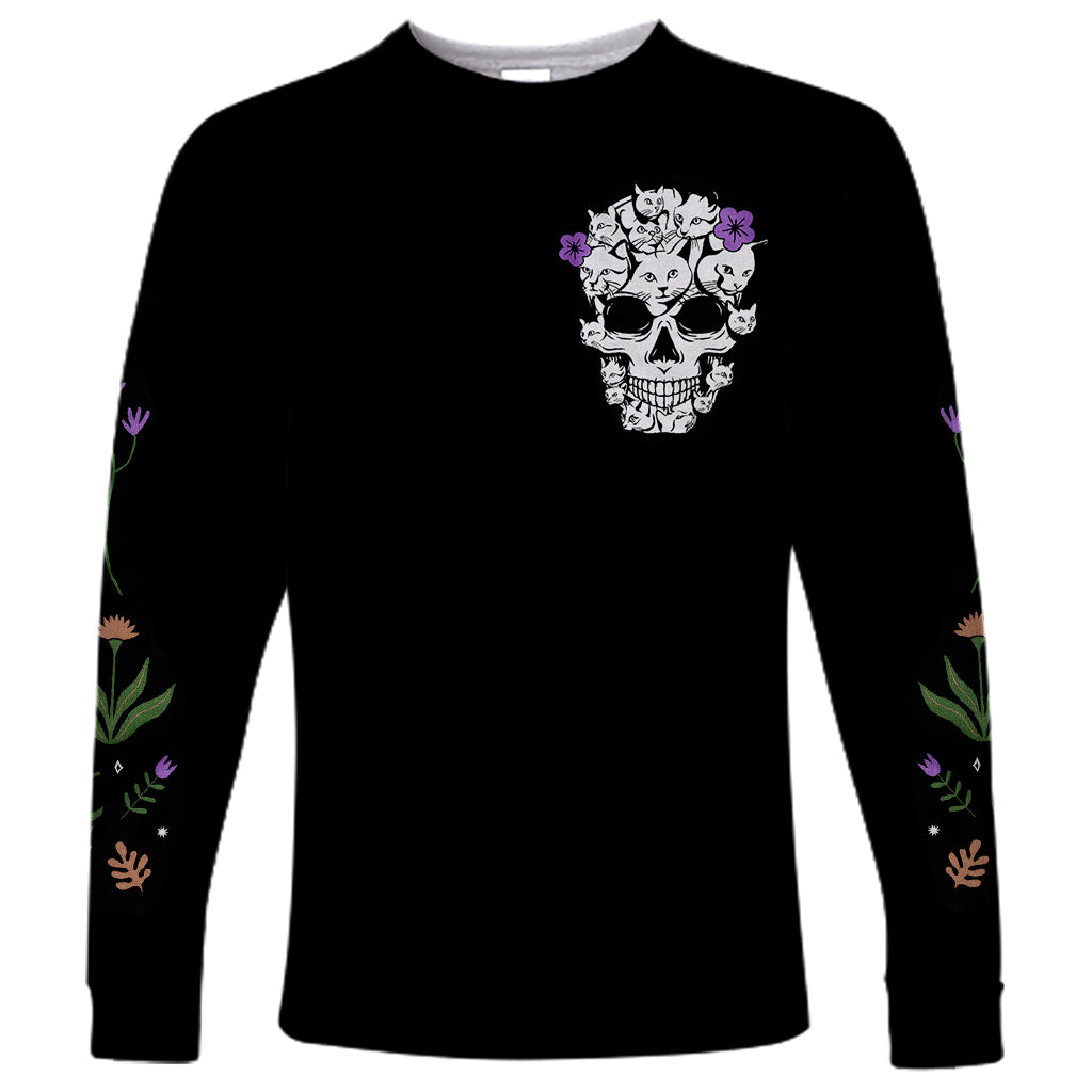 Cat Skull Long Sleeve Shirt Purr Evill - Wonder Print Shop