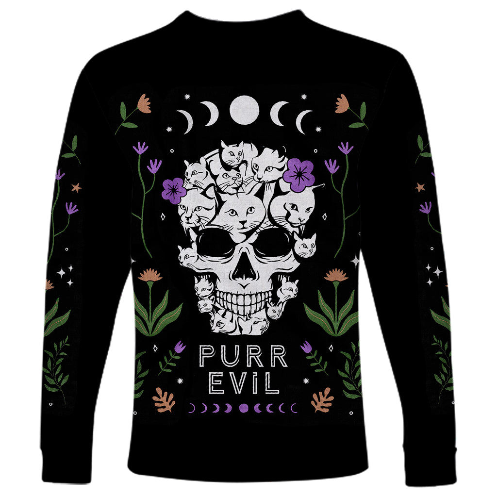 Cat Skull Long Sleeve Shirt Purr Evill - Wonder Print Shop