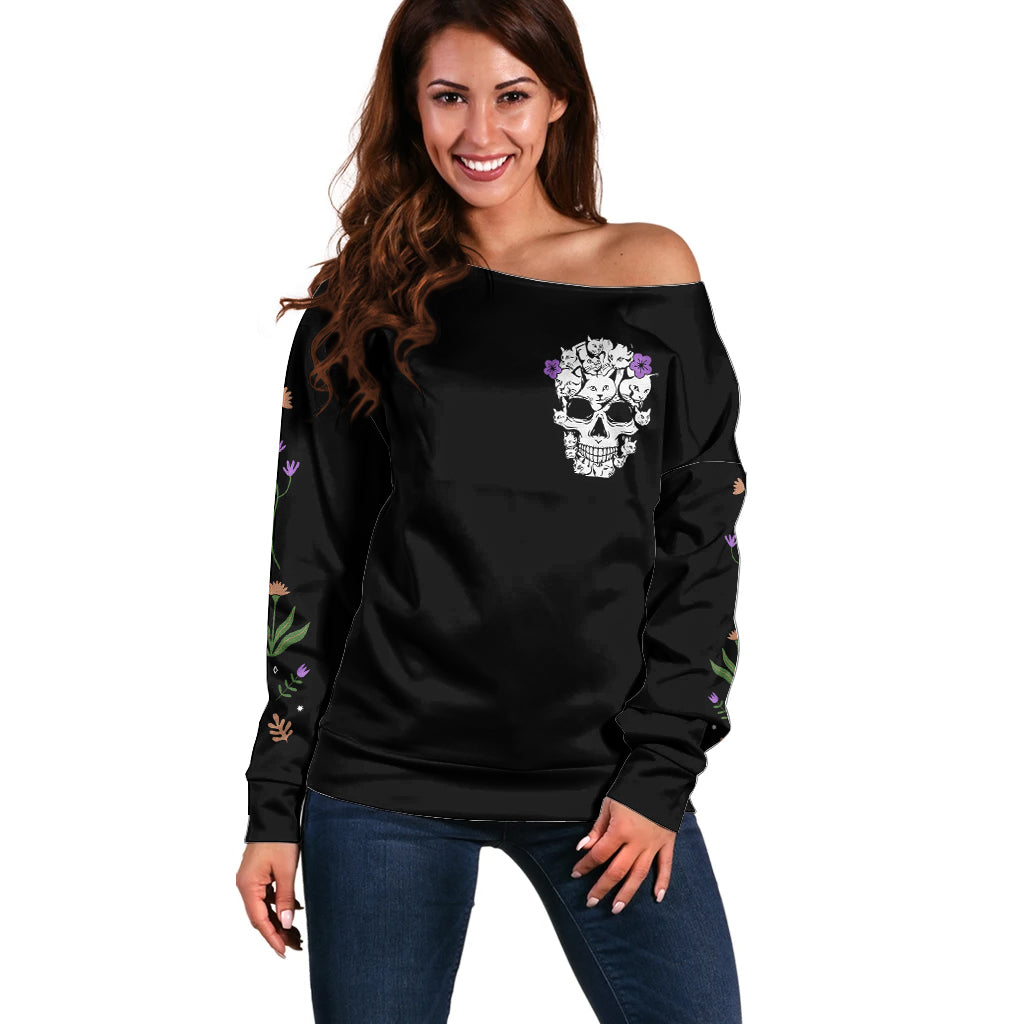 Cat Skull Off Shoulder Sweater Purr Evill - Wonder Print Shop