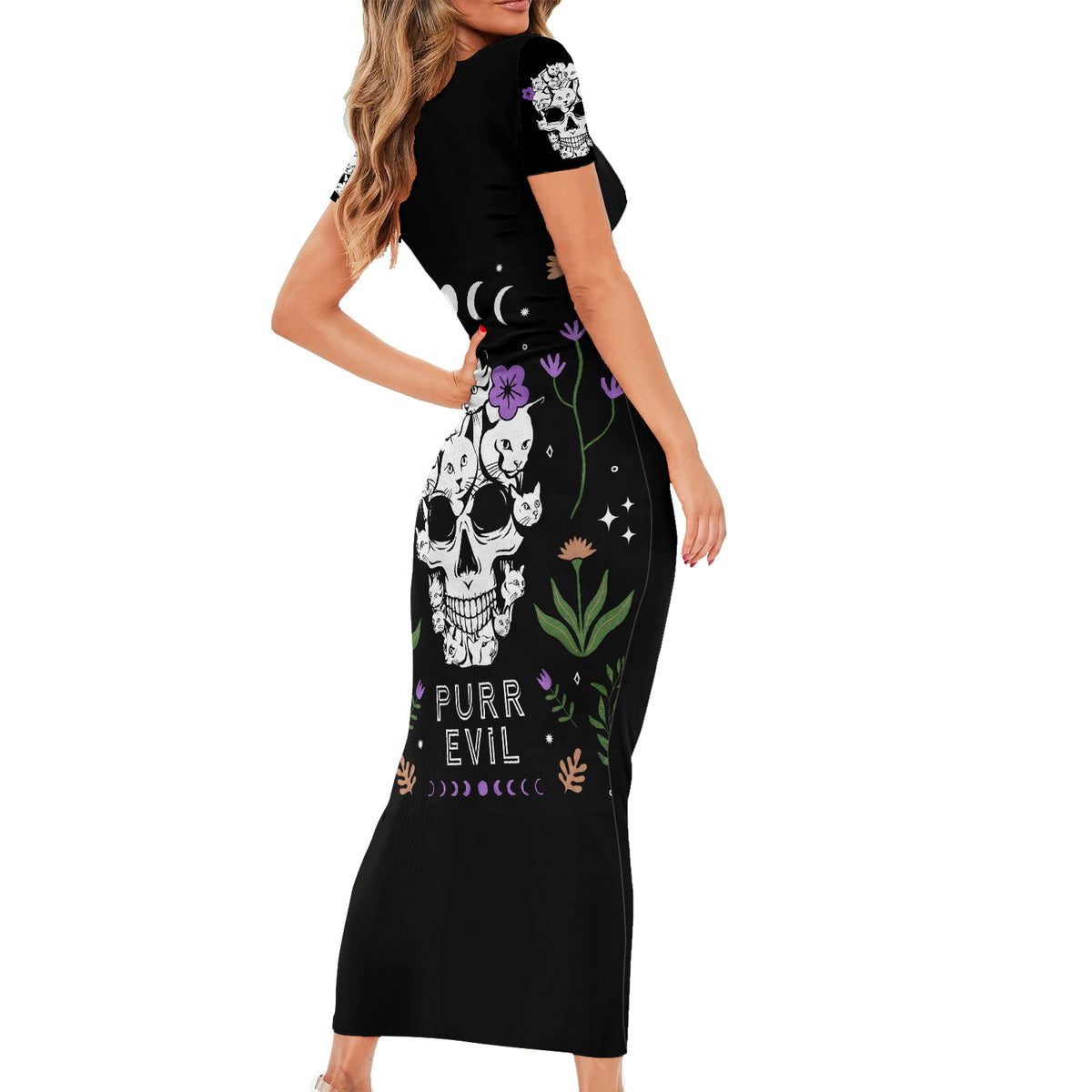 Cat Skull Short Sleeve Bodycon Dress Purr Evill - Wonder Print Shop
