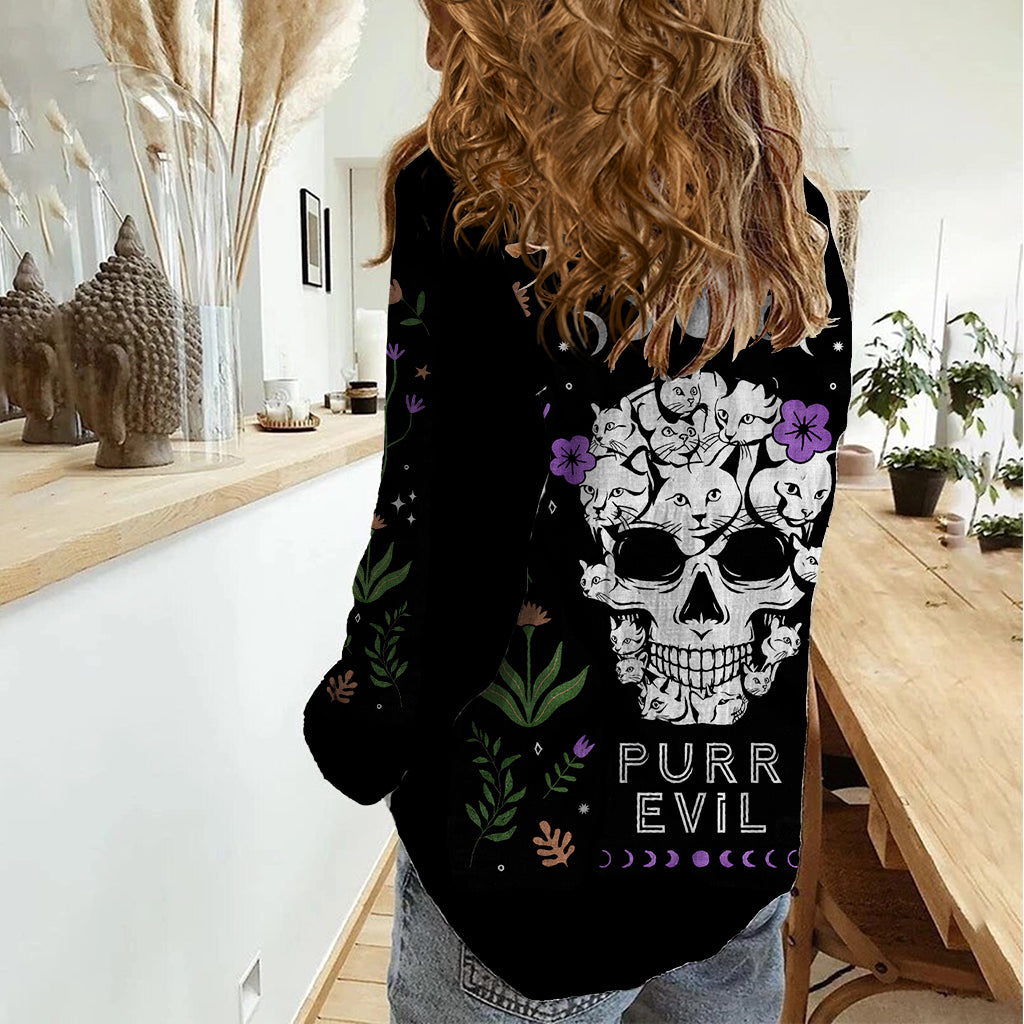 Cat Skull Women Casual Shirt Purr Evill - Wonder Print Shop