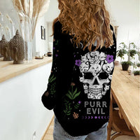 Cat Skull Women Casual Shirt Purr Evill - Wonder Print Shop