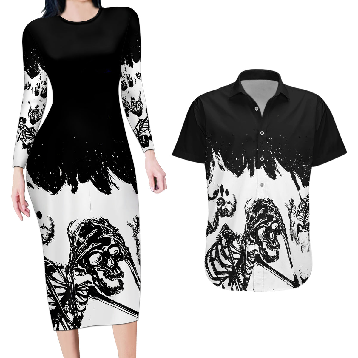 Fire Skull Couples Matching Long Sleeve Bodycon Dress and Hawaiian Shirt Scream In Fire - Wonder Print Shop